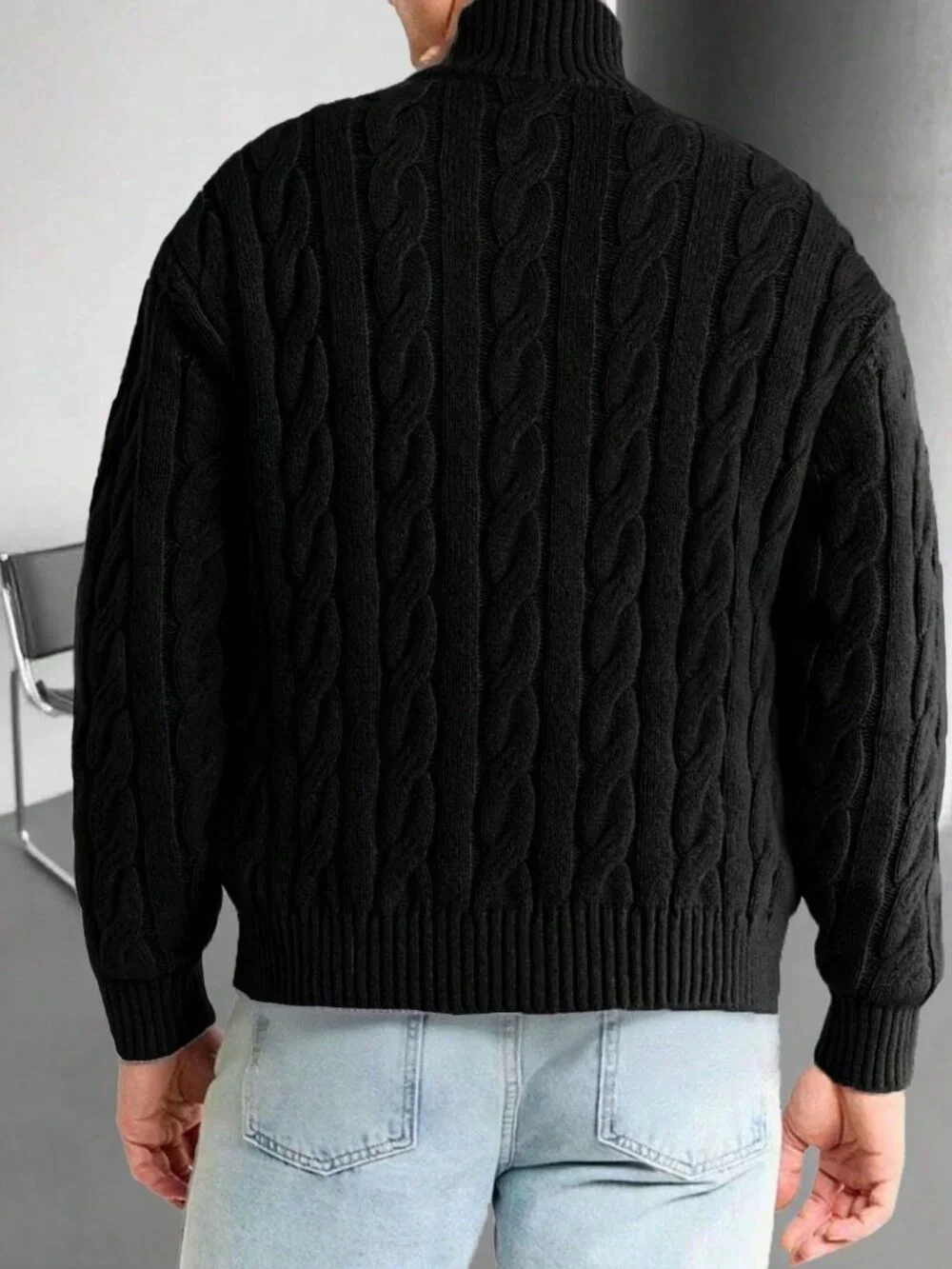 Black Casual Men's Winter Rib-Knit Drop Sleeve Half-Zip Polo Sweater